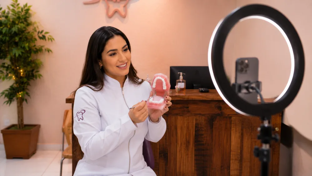 Bastidores da produção de conteúdo da Clínica Sorrir Bem para o Instagram