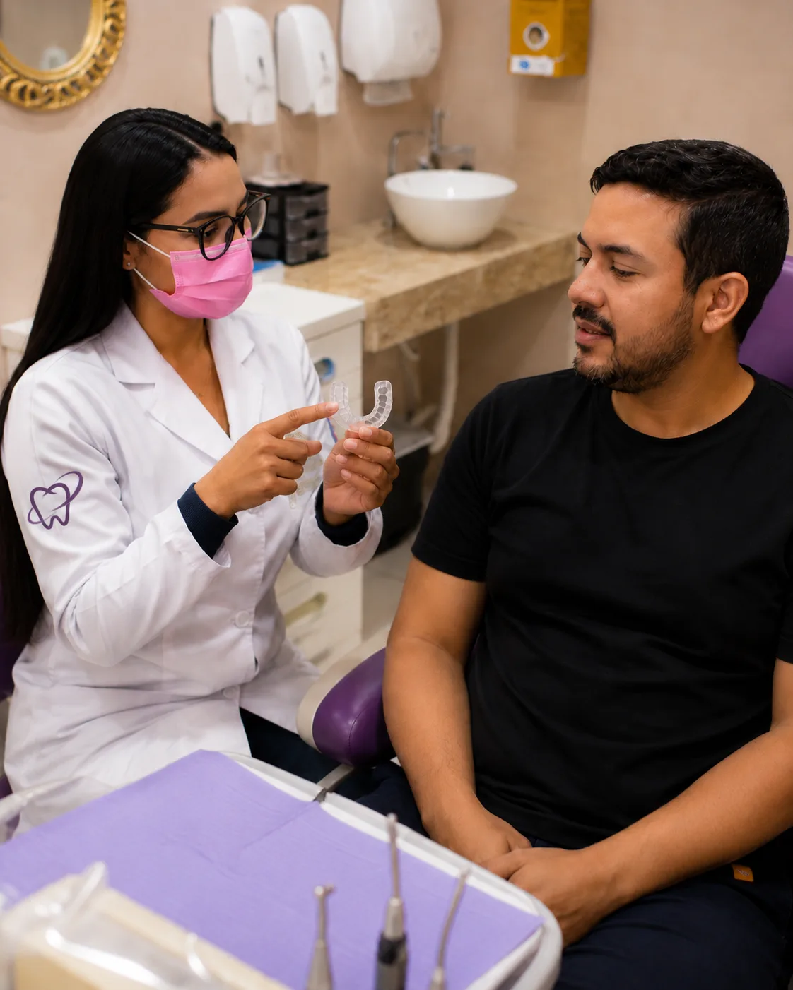 Dentista orientando paciente sobre o tratamento